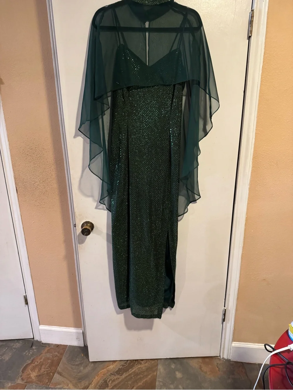 Vintage 80s ANN Emerald Green Formal Dress Cape Set XL USA